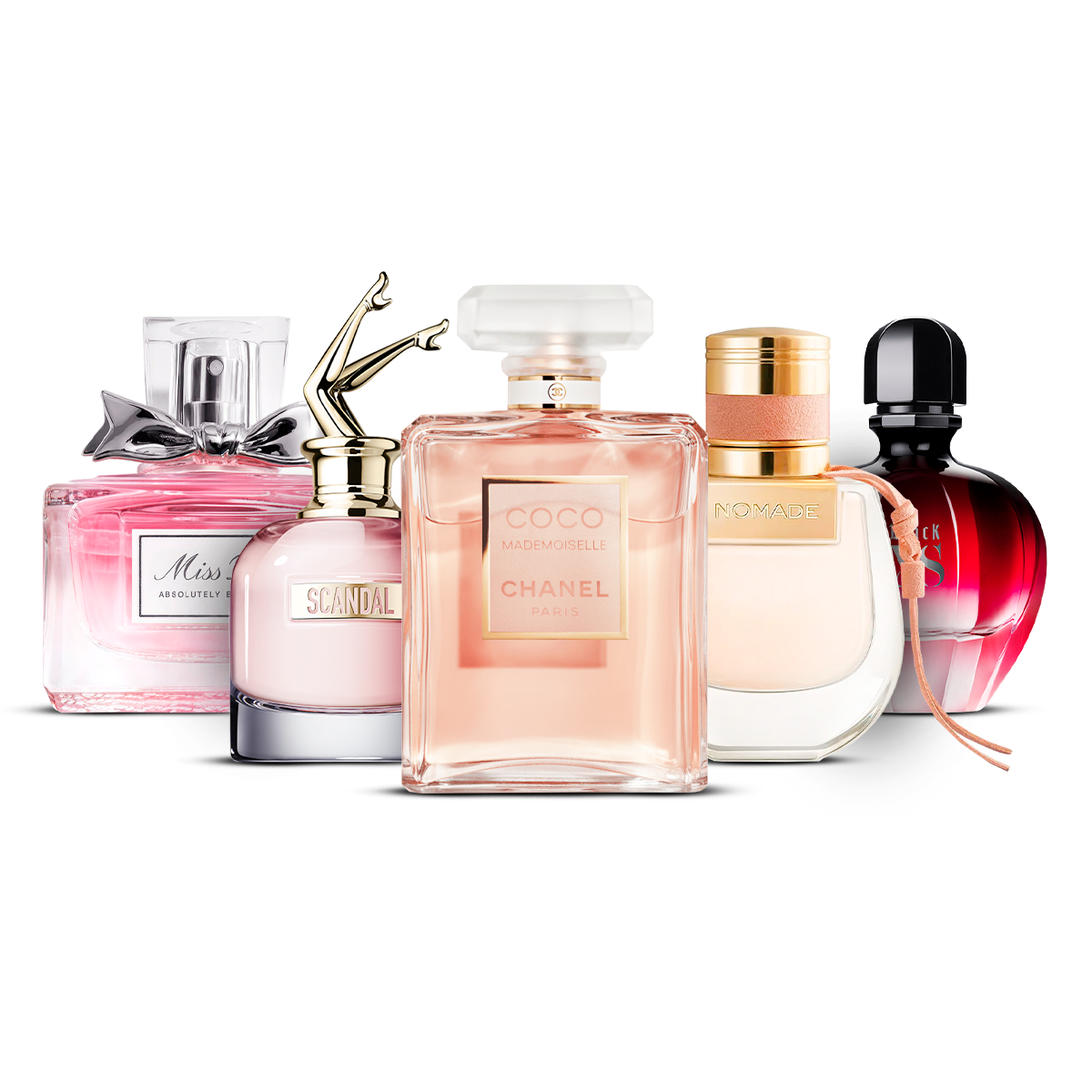 Set de 5 Perfumes – Miss Dior Absolutely Blooming, Scandal, Coco Mademoiselle, Nomade i Black XS [100 ml cada uno]